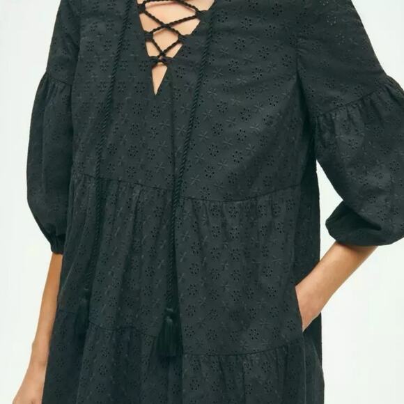 Brooks Brothers Black Daisy Eyelet Cotton Tiered Tassel Tie Neck Midi Dress 4 - Picture 2 of 10